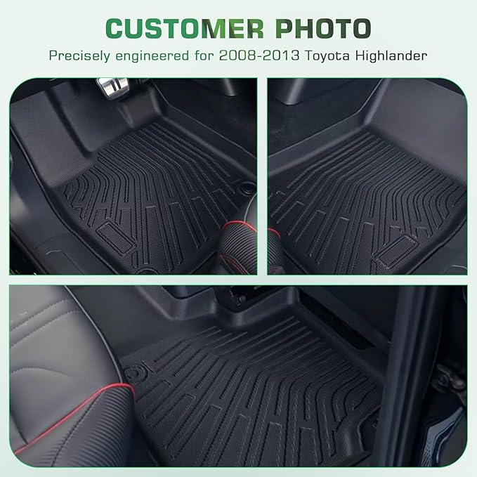 Floor Mats for Toyota Highlander 2008 2009 2010 2011 2012 2013 Non Hybrid, All Weather TPE Floor Liners, 3D Waterproof Custom Fit Car Accessories, Front & Rear Row Anti-Slip Mat Set