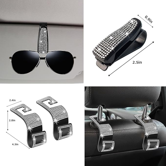 NBTEPEM 30 Pcs Bling Car Accessories Set for Women, Silver Steering Wheel Cover Set, Bling Console Cover, Seat Belt Cushion, Shift Knob Cushion, Cup Holder Coaster, Rhinestone Car Hanging Accessories