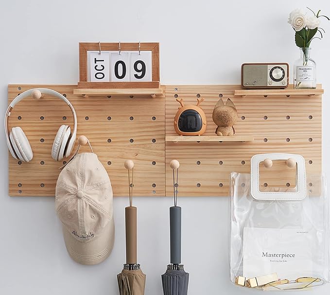 Wood Pegboard Combination Wall Organizer Kit, Wooden Display Pegboard Panel Kits for Bedroom, Study, Office, Bathroom, 2 Piec