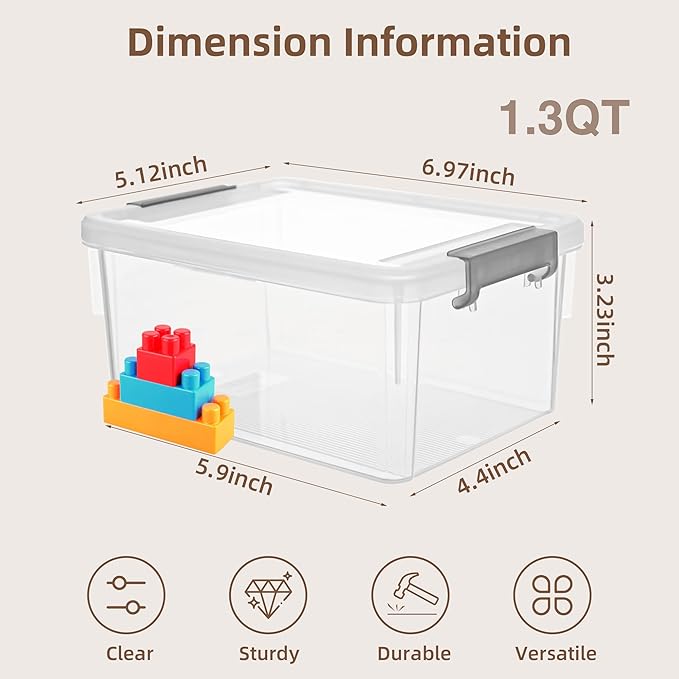 Anywish 8 Packs Small Storage Bins 1.3 QT Plastic Storage Container Stackable Box with Lids for Organizing, Clear White