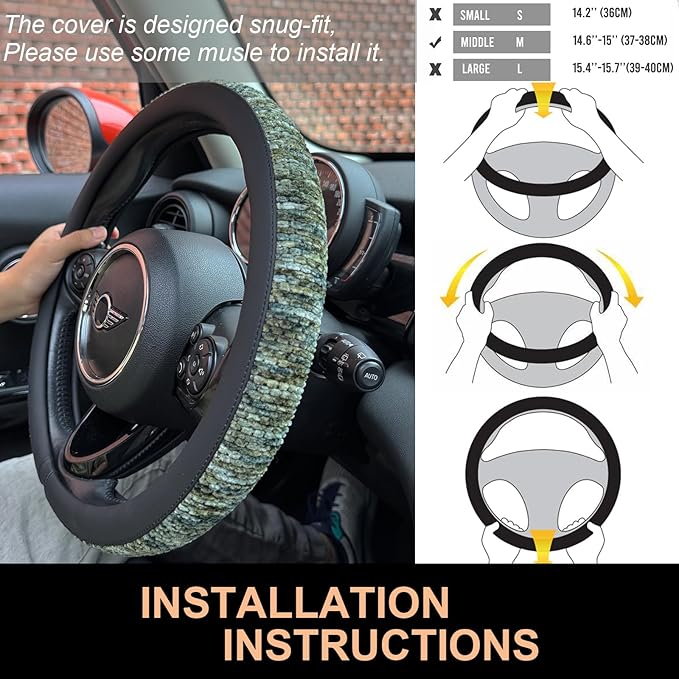 PINCTROT Chenille Leather Steering Wheel Cover, Soft Mottled Colors, Sweat-Proof, Non-Slip Grip, All-Season Comfort, Universa