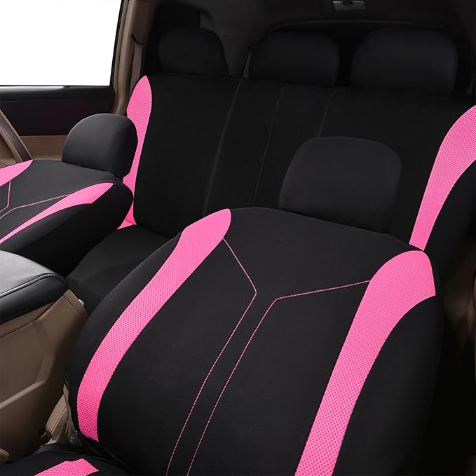 Flying Banner Car Seat Covers Full Set Front Seats and Rear Bench Mesh Fabric Splicing Polyester Cover Black with Pink Color