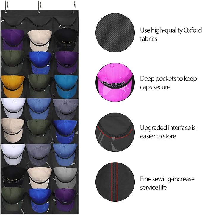 Dofilachy Hat Rack - Hat Organizer - Hat Racks for Baseball Caps, Visible Hat Holder - Baseball Rack for Wall Door with 3 Hoo