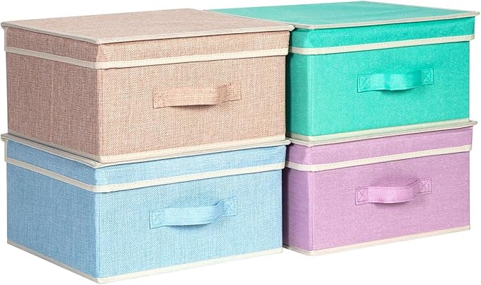 Storage Bins with Lid, Foldable Clothing Storage Box case with Handle for Closet, Bedroom, Home, 4 Color Set B, 13L x 12.5W x