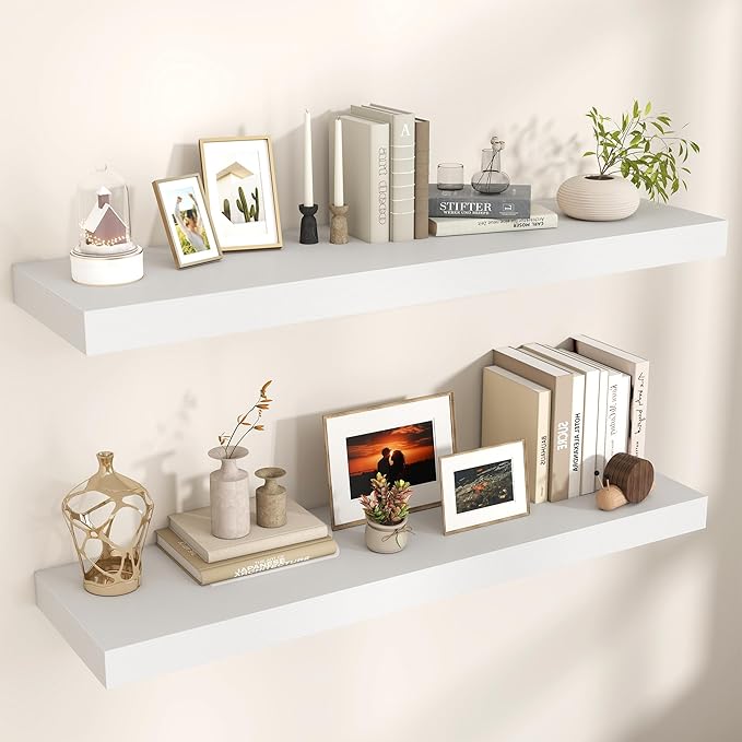 Floating Shelves for Wall, 48" W x 12" D x 2" H, 2 Pack of Long Wall Mounted Engineered Wood Shelves with Invisible Brackets 
