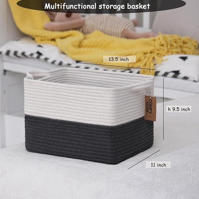 COMFY-HOMI 3PACK Cotton Rope Square Basket with Handles for Shelves| Storage|Baby Basket for Gif|Shoe basket for Organizing|N