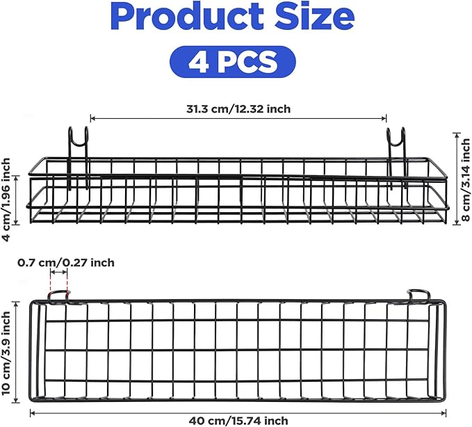 4 Pcs Black Metal Grid Wall Baskets with Hooks, Hanging Wire Storage Organizer Shelf for Kitchen Bathroom Office, 15.75 x 3.9