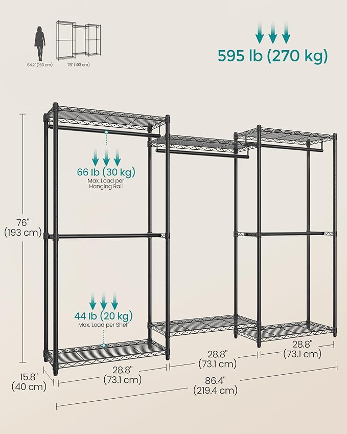 SONGMICS Heavy-Duty Clothes Rack, Garment Rack, Portable Closet, 86.4-Inch Wide Clothing Rack with Adjustable Mesh Shelves an
