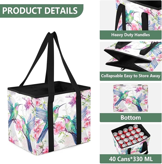 Hummingbirds Reusable Grocery Bags Large Shopping Tote Bag with Reinforced Bottom Board, Water Resistant Foldable Storage Bag