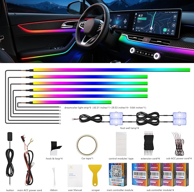 2026 Upgraded Interior Car LED Strip Lights, Acrylic LED Lights for Car Dynamic Dreamcolor Chasing, Dual-Zone Control,Ambient Lighting Kits Music Sync Dreamcolor 10 in 1 with Self-Developed APP