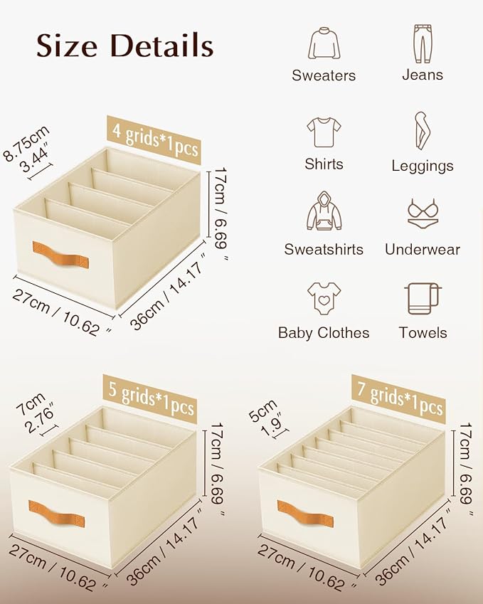 Homsorout Clothes Organizers and Storage - 4/5/7 Grids Fabric Jeans Organizer with Handles, Foldable Closet Organizers Divide