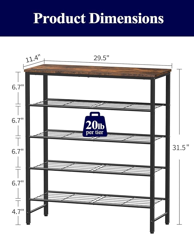 Kitsure Shoe Rack for Closet, Rustic Brown Shoe Organizer with Leveling Feet, Sturdy & Rust-Proof Shoe Storage for Entryway, 