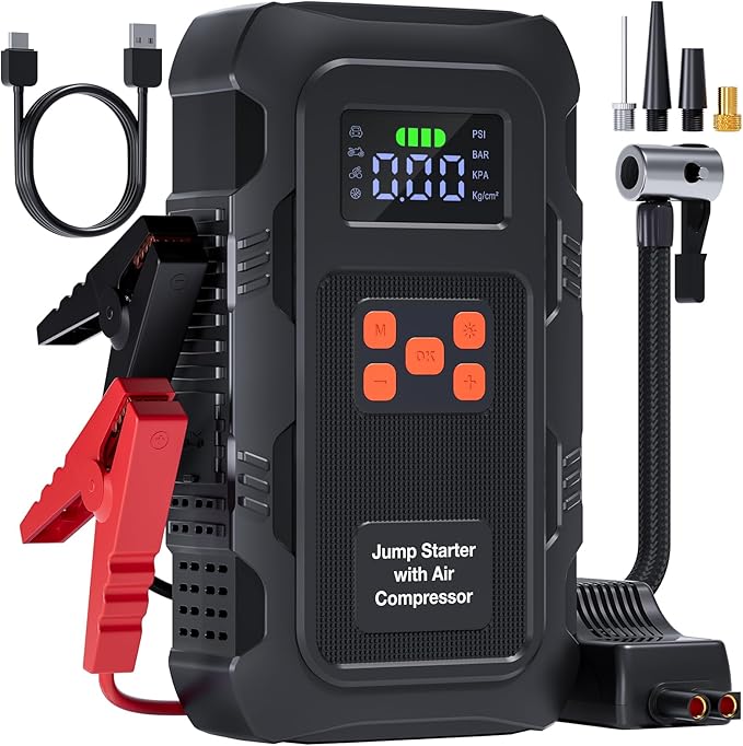 5000A Jump Starter with Air Compressor, Portable Car Battery Jump Starter with 150 PSI Tire Inflator for Up to 10.0L Gas and