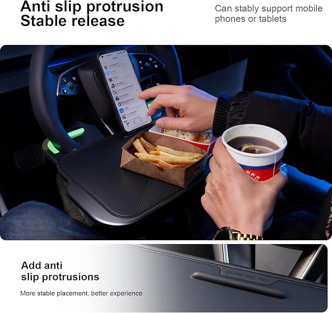 2-in-1 Car Steering Wheel Desk Tray & Car Seat Gap Filler Organizer - Silicone Look Table for Laptop, Eating Food, Writing -