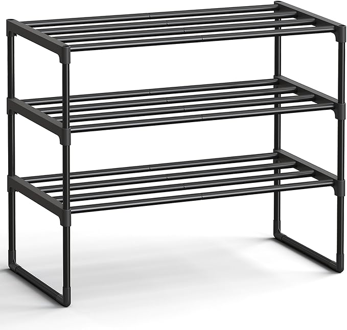 SONGMICS Shoe Rack, 3-Tier Shoe Organizer, Metal Storage Shelf, Upright or Upside Down, for 8-12 Pairs, Stackable, for Entryw