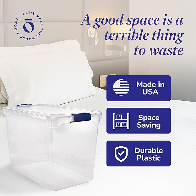 HOMZ 2-Pack Latching Lid, Clear Plastic Storage Organizer Bins, 112 Quart, Blue Latch - Stackable Organizing Containers for H
