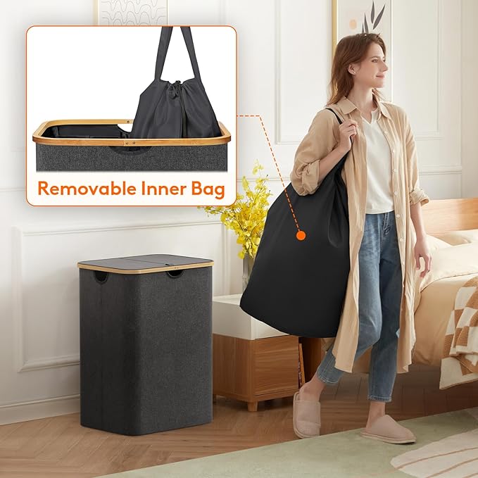 Lifewit 150L Laundry Basket with Lid, Clothes Hampers for Laundry with Bamboo Handles and 2 Removable Bag, Large Foldable Lau