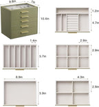 Jewelry Box Organizer Case for Women: 5-Layer Jewelry Storage Case with Glass Window, Olive Green Leather with Cream Velvet, 