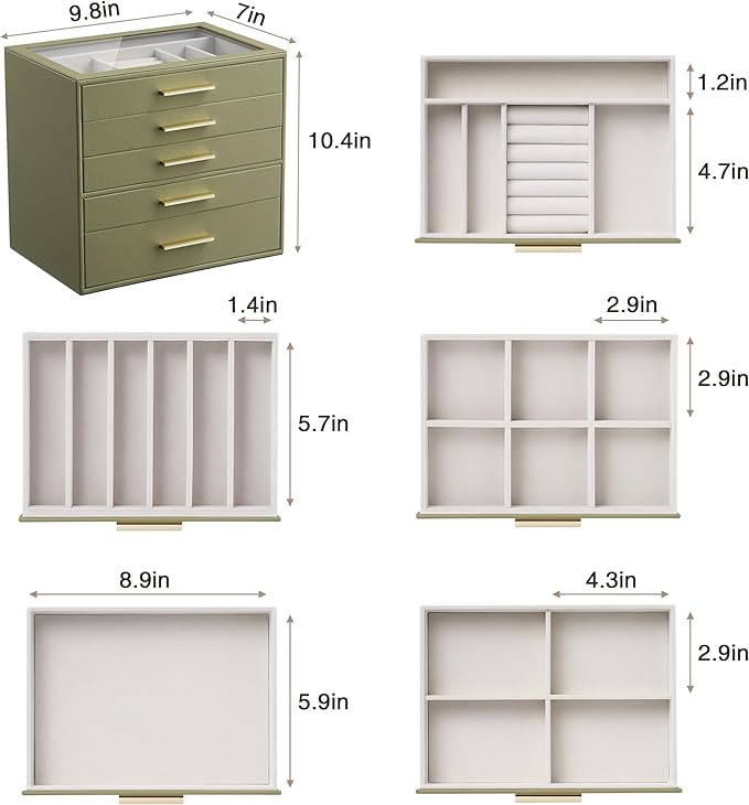 Jewelry Box Organizer Case for Women: 5-Layer Jewelry Storage Case with Glass Window, Olive Green Leather with Cream Velvet, 