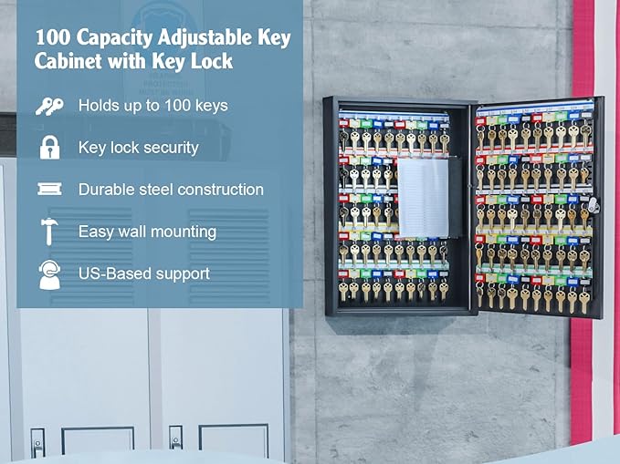 Barska 100-Position Key Lock Box – Solid Steel Key Cabinet with Adjustable Numbered Hooks, Key Log Sheet, Color Tags & Index 