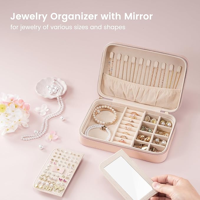 Lolalet Travel Jewelry Case for Women Girls, Travel Jewelry Organizer Box with Mirror & Clear Storage Bag, Small Portable Ear