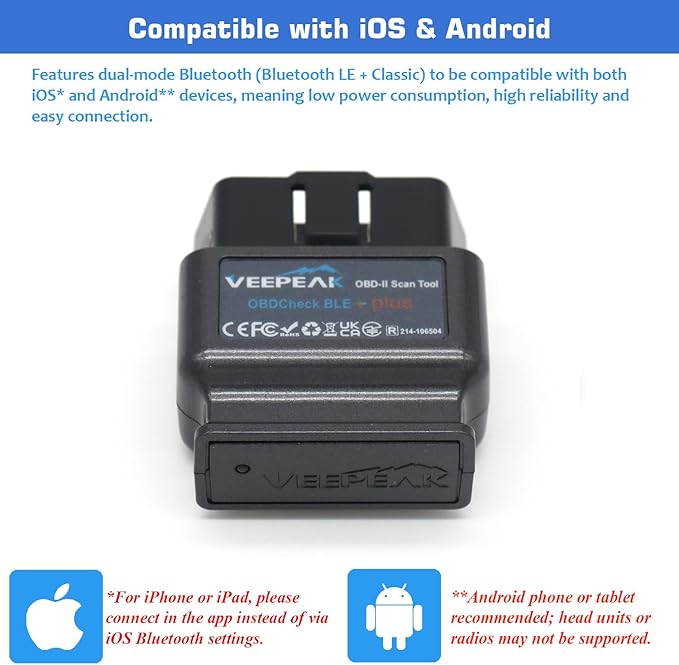 Veepeak OBDCheck BLE+ Bluetooth OBD II Scanner for iOS & Android, Car Check Engine Code Reader Wireless OBD Diagnostic Scan