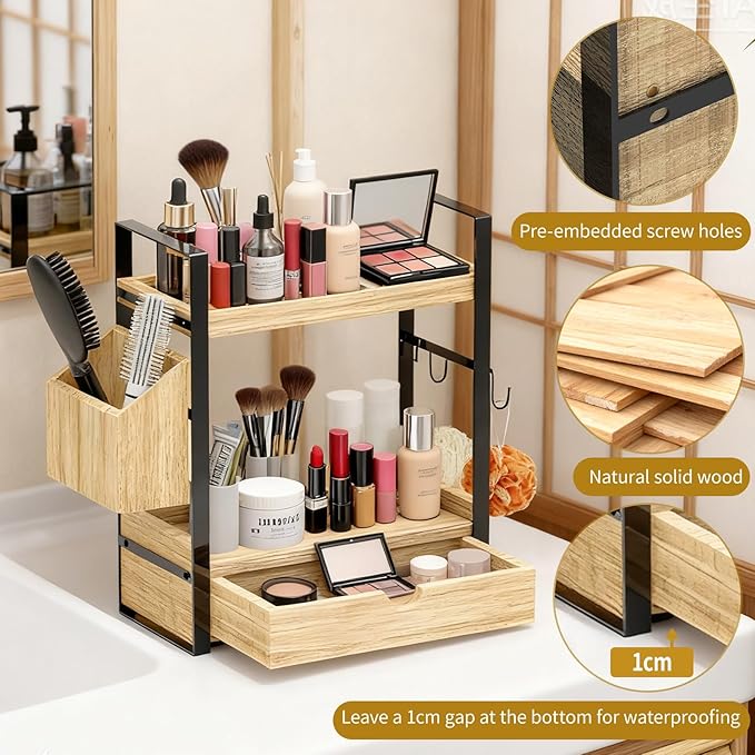 2-Tired Bathroom Counter Organizers and Storage, Bathroom Countertop Organizer with Drawer, Solid Wood Skincare Perfume Organ