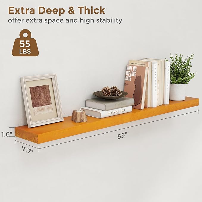 Marsmiles Wood Floating Shelves | 55 Inch Rustic Honey Oak Wall Shelves Set of 2 | 55" W x 7.7" D x 1.6" H Wooden Shelves for