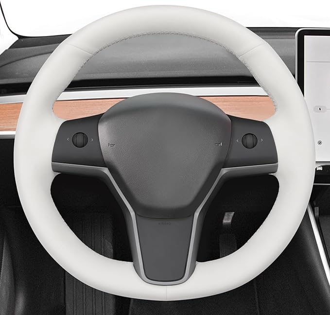 MEWANT Hand Stitched White Leather Steering Wheel Cover for Tesla Model 3/Y Accessories