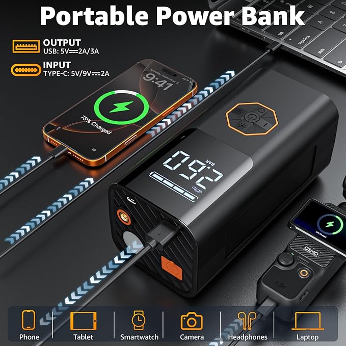Portable Jump Starter with Air Compressor - 12V Car Battery Jumper Starter Box 5500A (All Gas/12L Diesel) 9-in-1 with Air