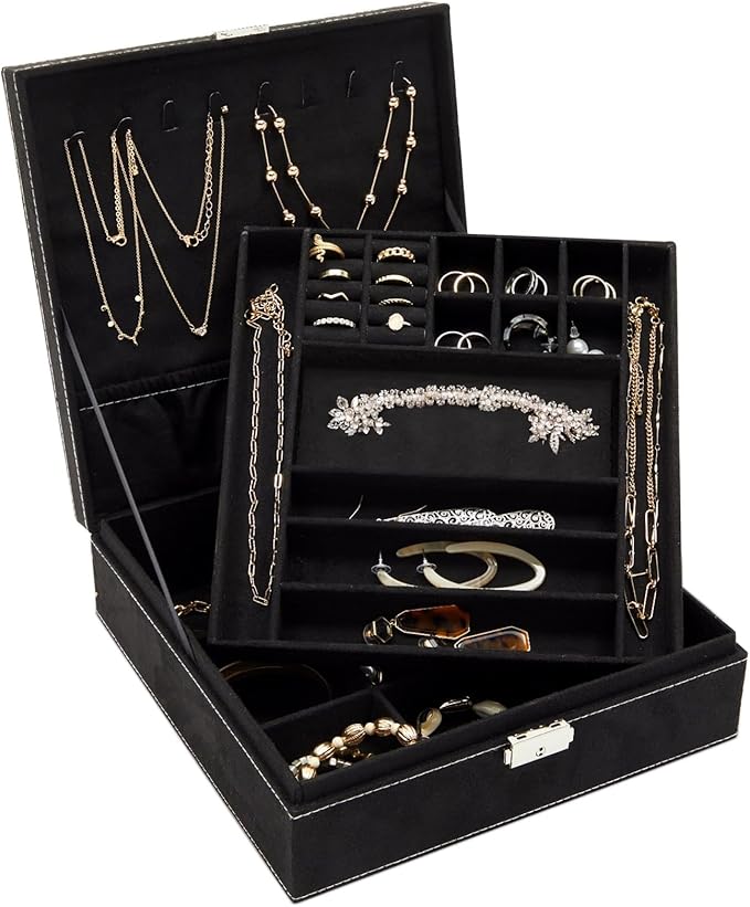 Juvale Jewelry Box for Men - 10.5 x 10.5 x 3.5 in, Black Velvet - Locking 2-Layer Travel Jewelry Organizer & Earring Holder, 