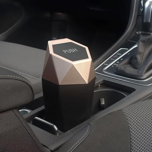 Car Trash Can Bin,Small Garbage Can with Lid,Automotive Cup Holder Mini Cars Trashcan,Portable Car Door Trash Cans,Vehicle Essentials Gadgets Dustbin (2Pcs, Black and Glod)