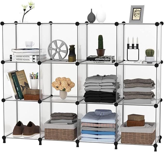 AWTATOS Cube Storage Organizer Storage 12 Cube Bookshelf DIY Plastic Closet Storage Shelves with Wooden Mallet, Ideal Storage