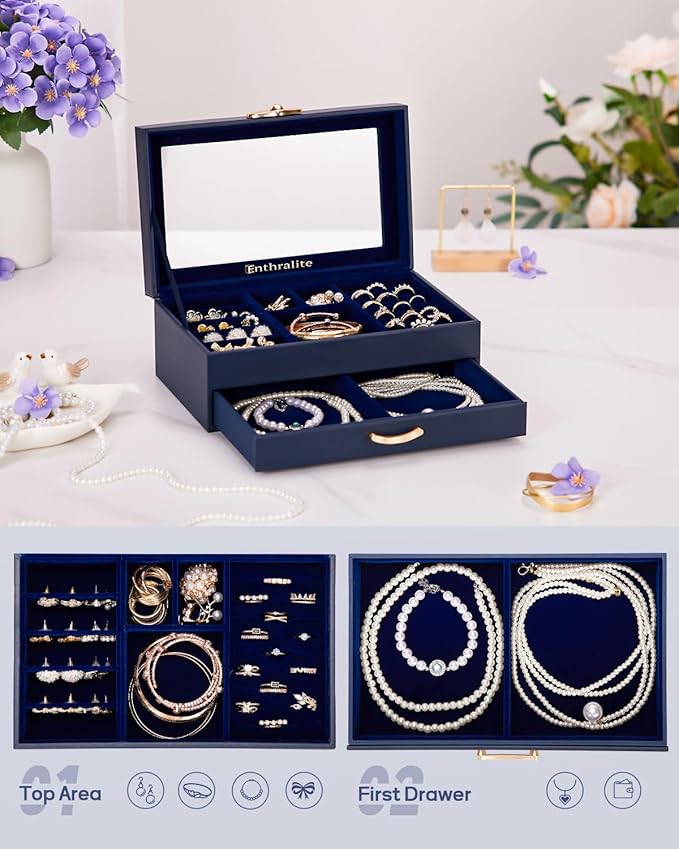 Enthralite Jewelry Box with 1 Drawers: Display Organizer for Earrings Necklaces - Gifts for Girls Women (Dark Blue)