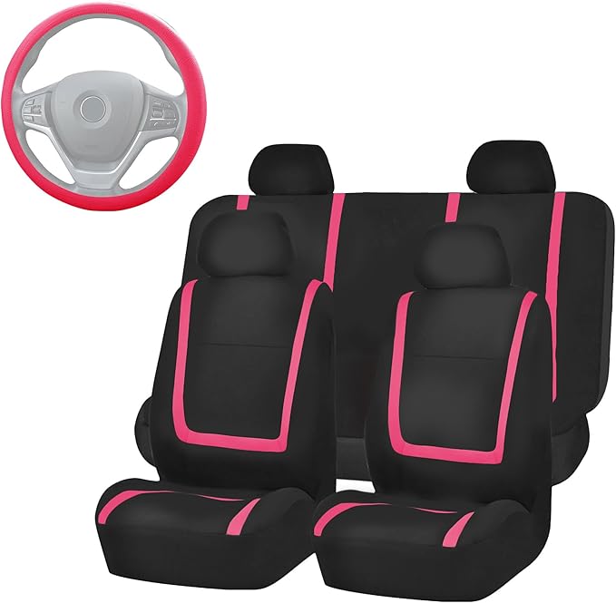 FH Group Unique Flat Cloth Full Set Car Seat Covers w. Silicone Steering Wheel Cover- Universal Fit for Most Cars, Trucks, SUVs or Vans (Pink/Black)