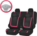 FH Group Unique Flat Cloth Full Set Car Seat Covers w. Silicone Steering Wheel Cover- Universal Fit for Most Cars, Trucks, SUVs or Vans (Pink/Black)