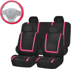 FH Group Unique Flat Cloth Full Set Car Seat Covers w. Silicone Steering Wheel Cover- Universal Fit for Most Cars, Trucks, SUVs or Vans (Pink/Black)