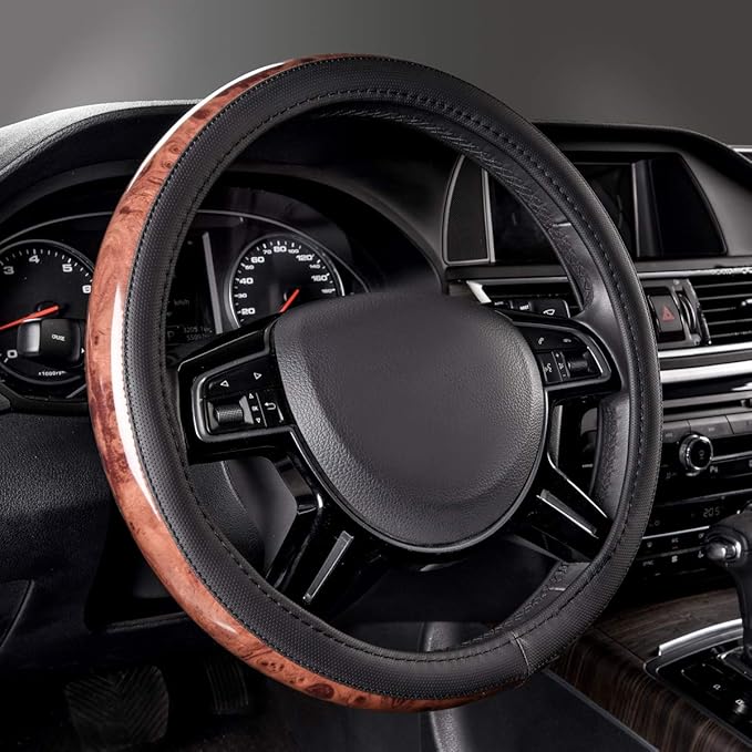 CAR PASS Wood Grain Microfiber Leather Steering Wheel Cover, Universal Fit for 14 1/2-15 inch Black Steering Wheel, Anti-Skip