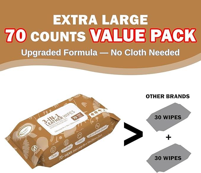 Air Jungles 3in1 Leather Cleaner Wipes 70 Count, Extra Large 8" x 10" Size, Clean Condition Protect Wipes for Vinyl and Leath