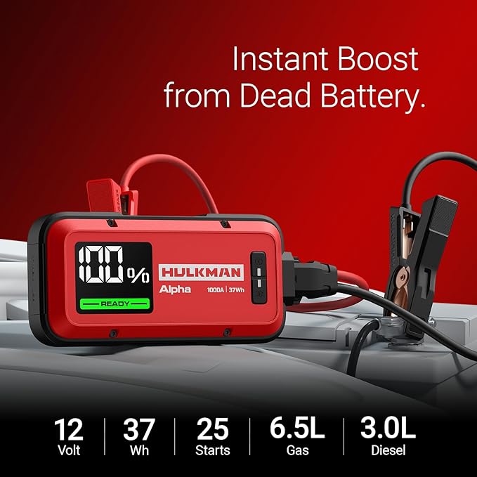 Hulkman Alpha,Ultra Red,1000A 37Wh Jump Starter, Portable, Stylish,12V Jump Box with Jumper Cables,45-Min Full Recharge,24-Month Standby,3-Step Easy Start,IP65,LED Display,for 6.5L Gas/3.0L Diesel