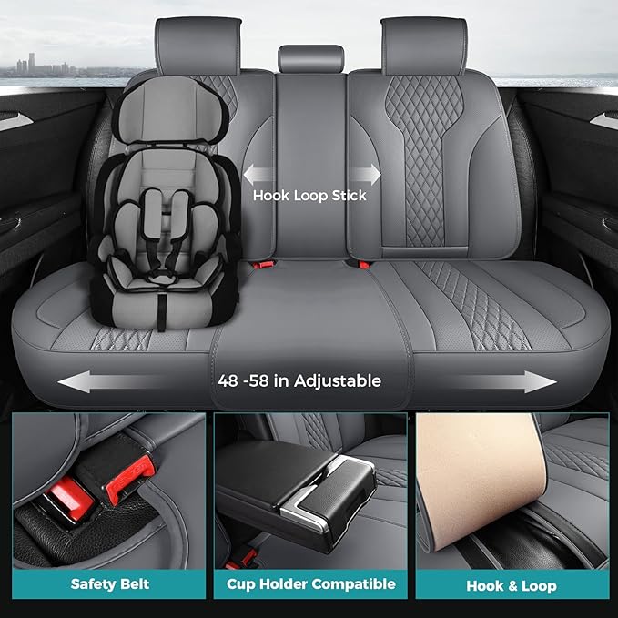 Leather Car Seat Covers Full Set, Breathable Faux Leather Seat Covers for Cars SUV Sedan Waterproof Grey