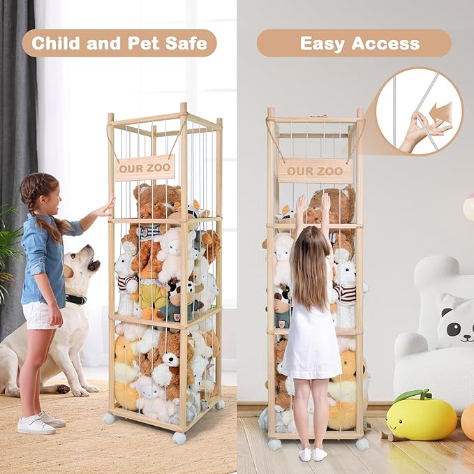 Stuffed Animal Storage, Wooden Cute Zoo Toy Holder with Brake Wheels, Space Save Toy Organizer, Large Capacity Stuffed Animal