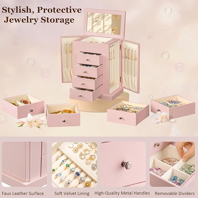 Emfogo Jewelry Boxes for Women, 5-Layer Large Leather Jewelry Organizer Box with Mirror and Drawers, Jewelry Storage for Neck