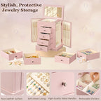 Emfogo Jewelry Boxes for Women, 5-Layer Large Leather Jewelry Organizer Box with Mirror and Drawers, Jewelry Storage for Neck