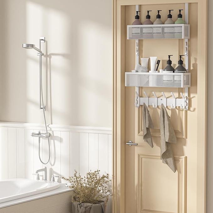 LUCYCAZ Adjustable Over The Door Hooks Organizer, Hanger Storage with 10 Coat Hooks & 2 Mesh Basket, Over The Door Towel Rack
