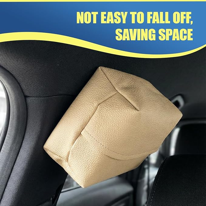 Car Tissue Holder, Leather Auto Headrest Hanging Napkin Box with Magnet-Attracting Adhesive Strip, Universal Vehicle Interior Paper Storage Organizer for Sun Visor, Center Console (White)
