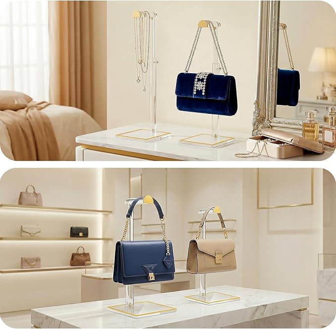 2 Pack Acrylic Handbag Display Stand, Gold Trim Clear Purse Holder 14"-24" Adjustable Height Thicken Anti-slip Base, Purse Ra