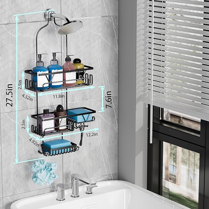 DAOYA Over the Shower Head Caddy with 2 Baskets & Soap Holder, Non-Slip Design for 0.82-Inch Showers, Black, Stainless Steel