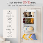 Homsorout Over the Door Hat Rack - 3-Layer Design Hat Organizer Holds 30-36 Hats with 10 Hooks, Ideal Hat Rack for Door, Over