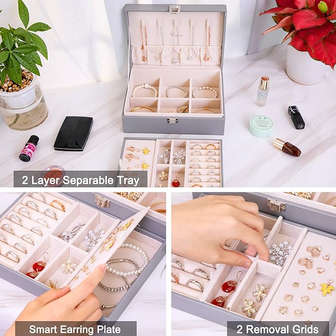 Voova Jewelry Box Organizer for Women Girls,2 Layer Large Men Jewelry Storage Case, PU Leather Display Jewellery Holder with 